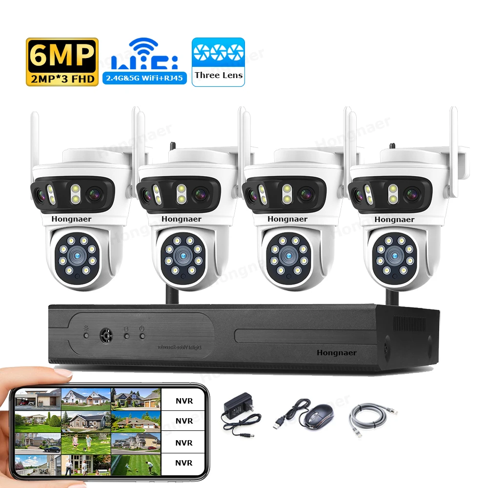 Home Security Wireless Cameras - 2026 Hongnaer 6MP 4CH 3-Linsen 2.4G